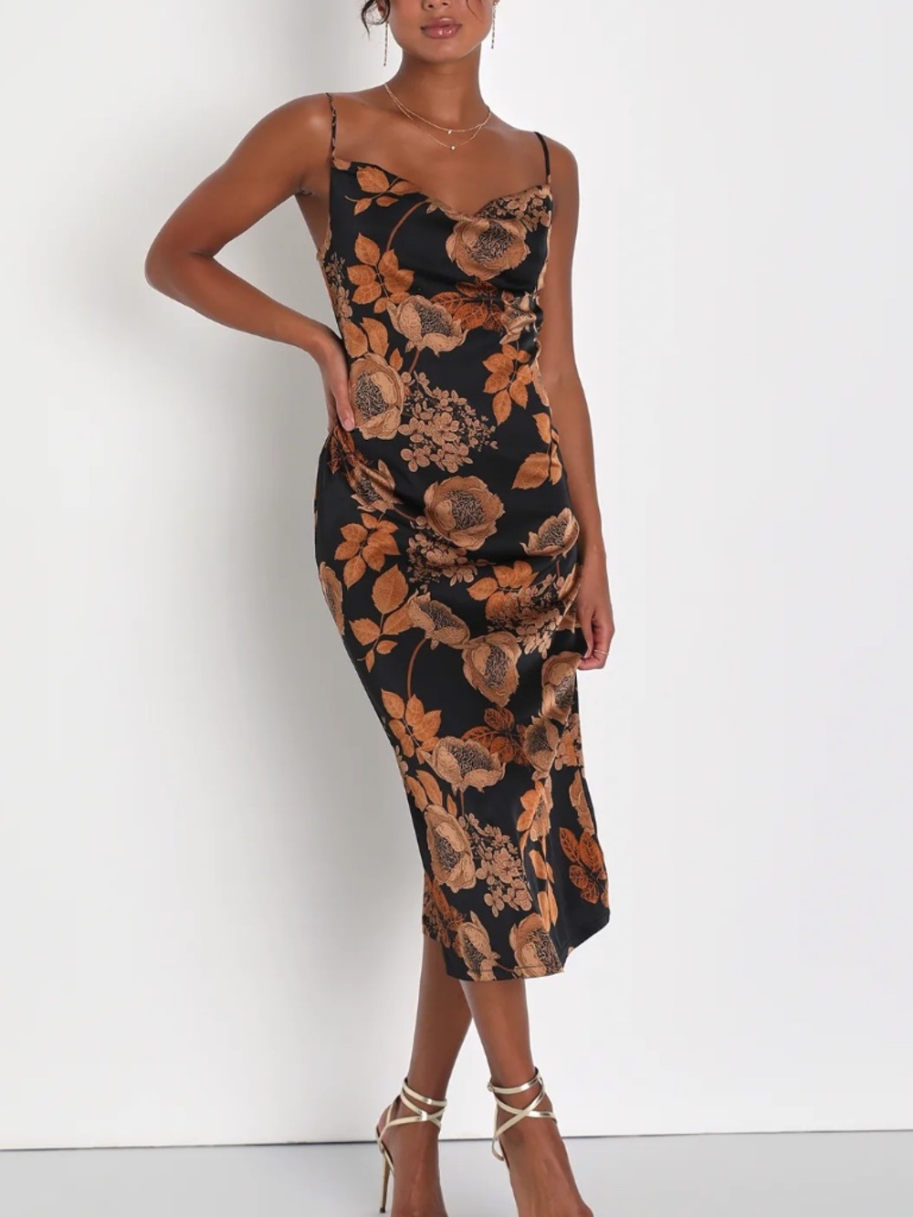 Black Midi Slip Dress with Gold Floral Print - Size S